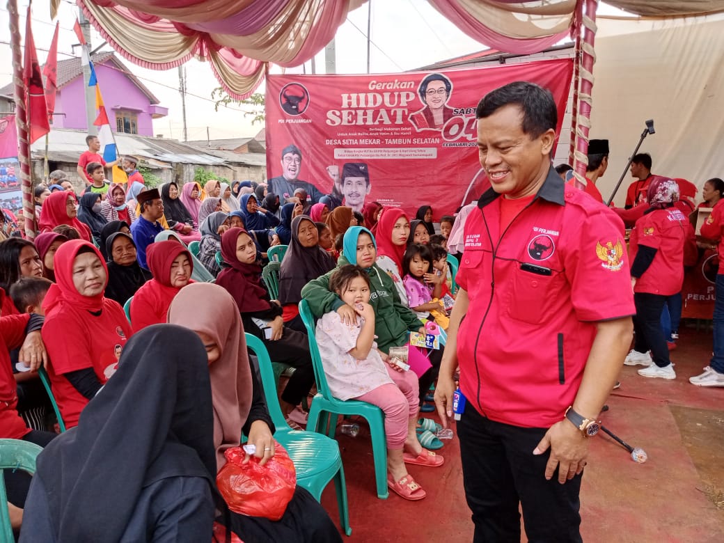 Bakal Calon Anggota Legislatif (Bacaleg) Partai Demokrasi Indonesia Perjuangan (PDI-P) Dapil III Tambun Selatan, Kaseran, dengan menggelar acara sosial salah satunya santunan anak yatim dan gerakan hidup sehat disambut antusias warga sekitar.