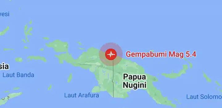 Telah terjadi gempabumi dengan kekuatan: 5.4 SR, 1 km BaratDaya JAYAPURA-PAPUA, waktu gempa: 09-Feb-23 13:28:02 WIB, Gempa ini tidak berpotensi TSUNAMI.