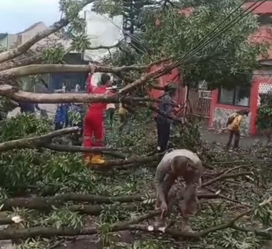 Kepanikan warga saat terjadi bencana angin kencang melanda berbagai wilayah di Depok, Jawa Barat pada Kamis, 9 Februari 2023.