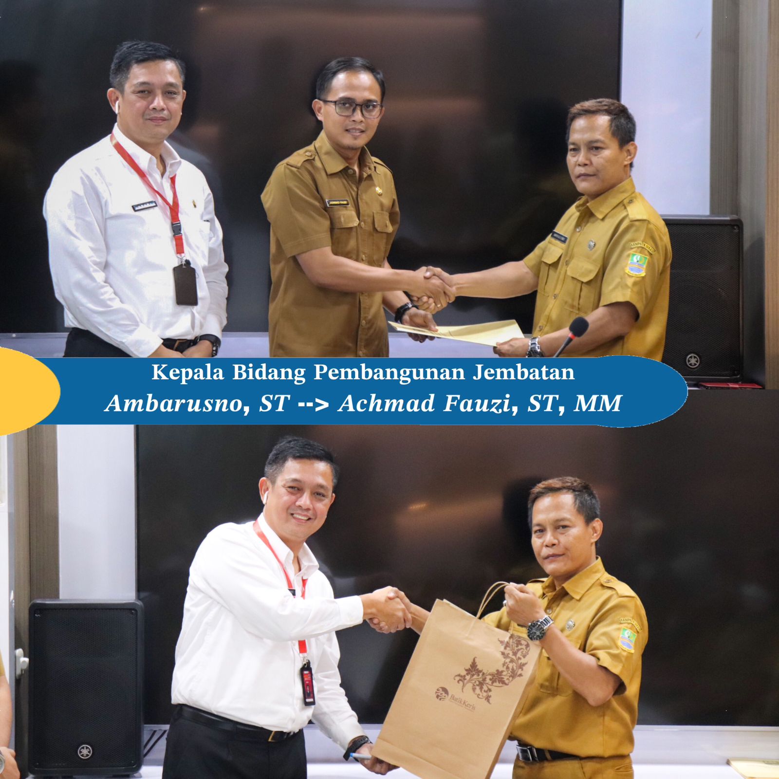 Kepala Dinas SDABMBK Kabupaten Bekasi, Henri Lincoln (kiri) menggelar acara Serah Terima Jabatan (Sertijab) pada Bidang Pembangunan Jembatan. Sertijab ini dilakukan kepada Kepala Bidang (Kabid) Pembangunan Jembatan yang sebelumnya dari Ambarusno (kanan) kepada Kabid saat ini Achmad Fauzi (tengah) yang dilaksanakan di Kantor Dinas SDABMBK, Komplek Pemkab Bekasi Desa Sukamahi, Kecamatan Cikarang Pusat, Kabupaten Bekasi. Pada Selasa 04 April 2023. (Foto: Team Redaksi)