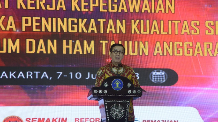 Mentri Hukum dan Ham Yasona Laoly, menggelar rapat kerja (Raker) kepegawaian di Hotel Mercure Kemayoran. (Foto: Fathar)