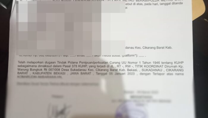 Surat laporan polisi, diduga oknum kades di Kabupaten Bekasi melakukan penipuan pembelian satu unit mobil (foto: Abdul Kholilulloh)