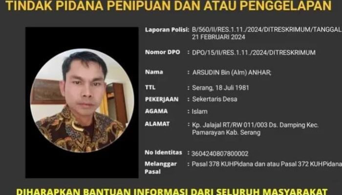 Gelapkan 11 Sertifikat Warga, Sekretaris Desa di Banten Masuk DPO Polda Banten