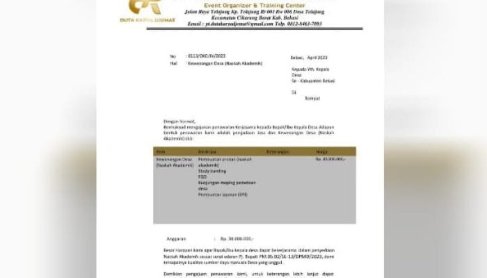 Alamat Palsu, Kantor PT Duta Karya Djemat sebagai EO Kegiatan Naskah Akademik Pemdes Kabupaten Bekasi Fiktif